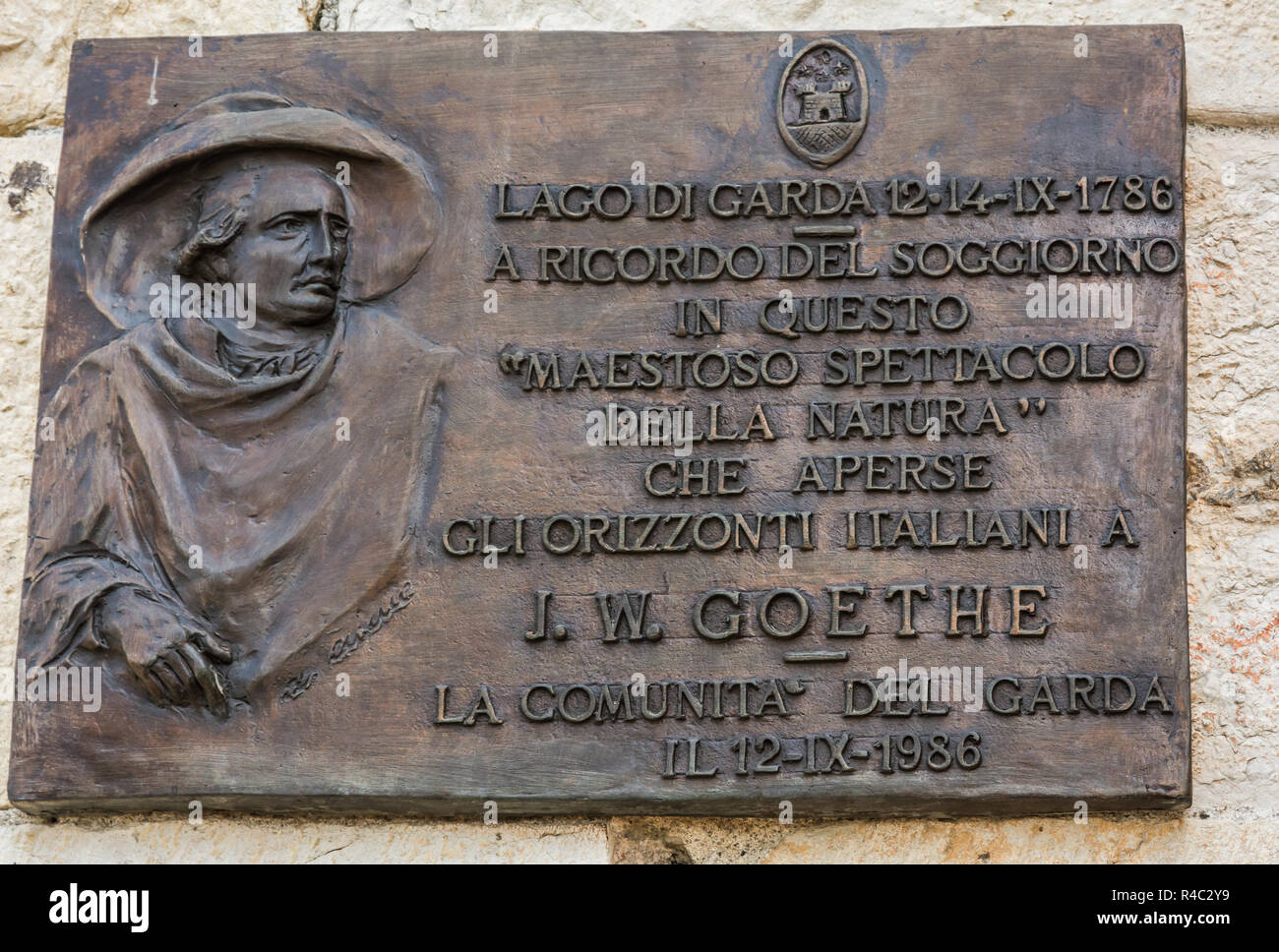 Plate dedicated to Johann Wolfgang von Goethe in Malcesine on Lake Garda in Northern Italy Stock Photo