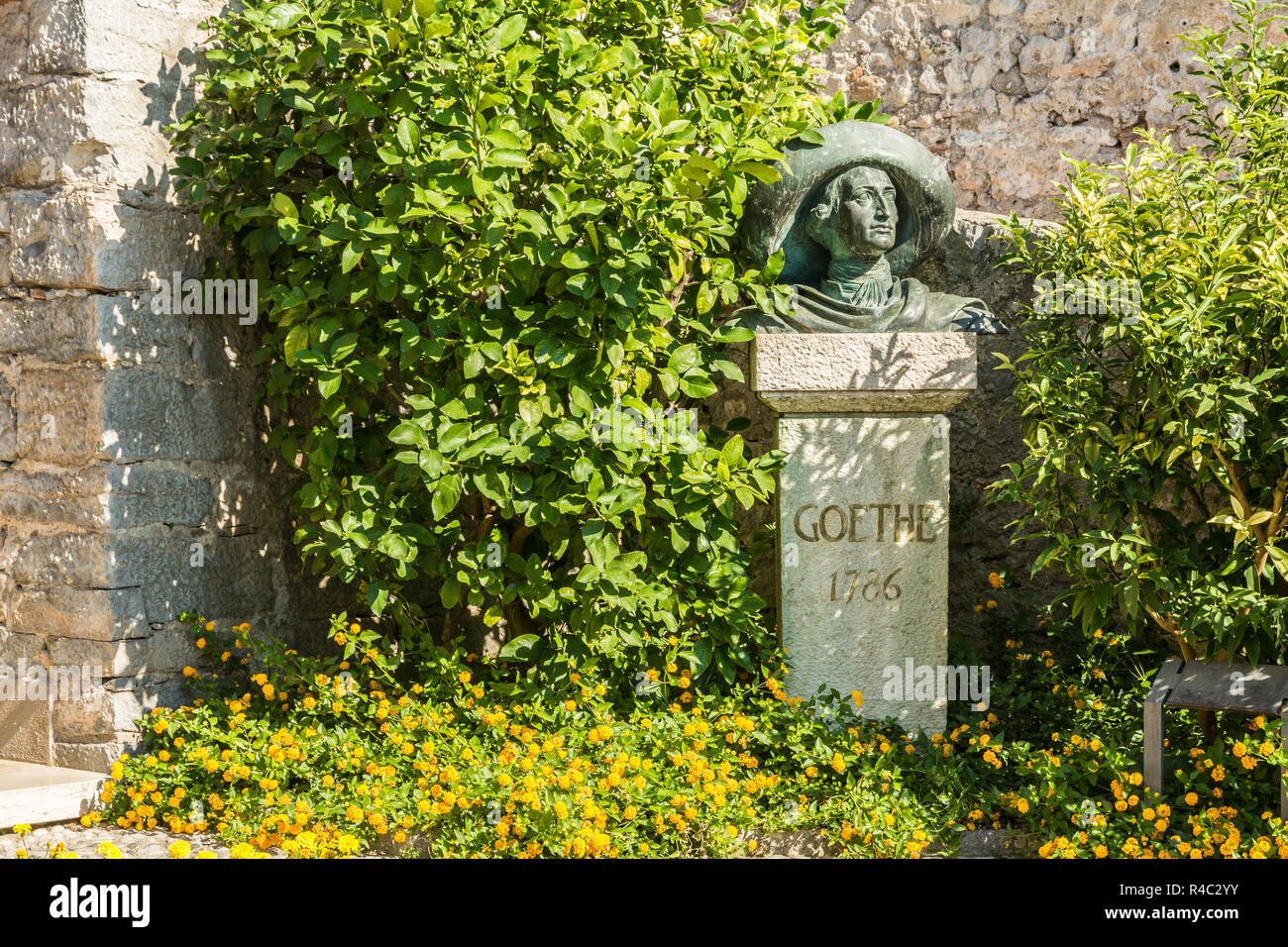 Bust of great German 18th century traveller and writer Johann Wolfgang von Goethe in Malcesine on Italy's Lake Garda Stock Photo