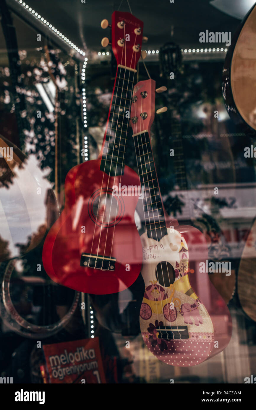 ISTANBUL, TURKEY - APR 29, 2016: Classical Guitars For Sale at a ...