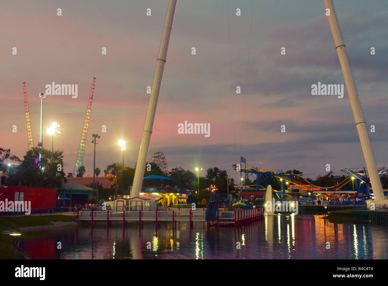 Orlando, Florida.  November 19, 2018 Colorful attractions in Fun Spot Park on beautiful sunset background at Kissimmee area. Stock Photo