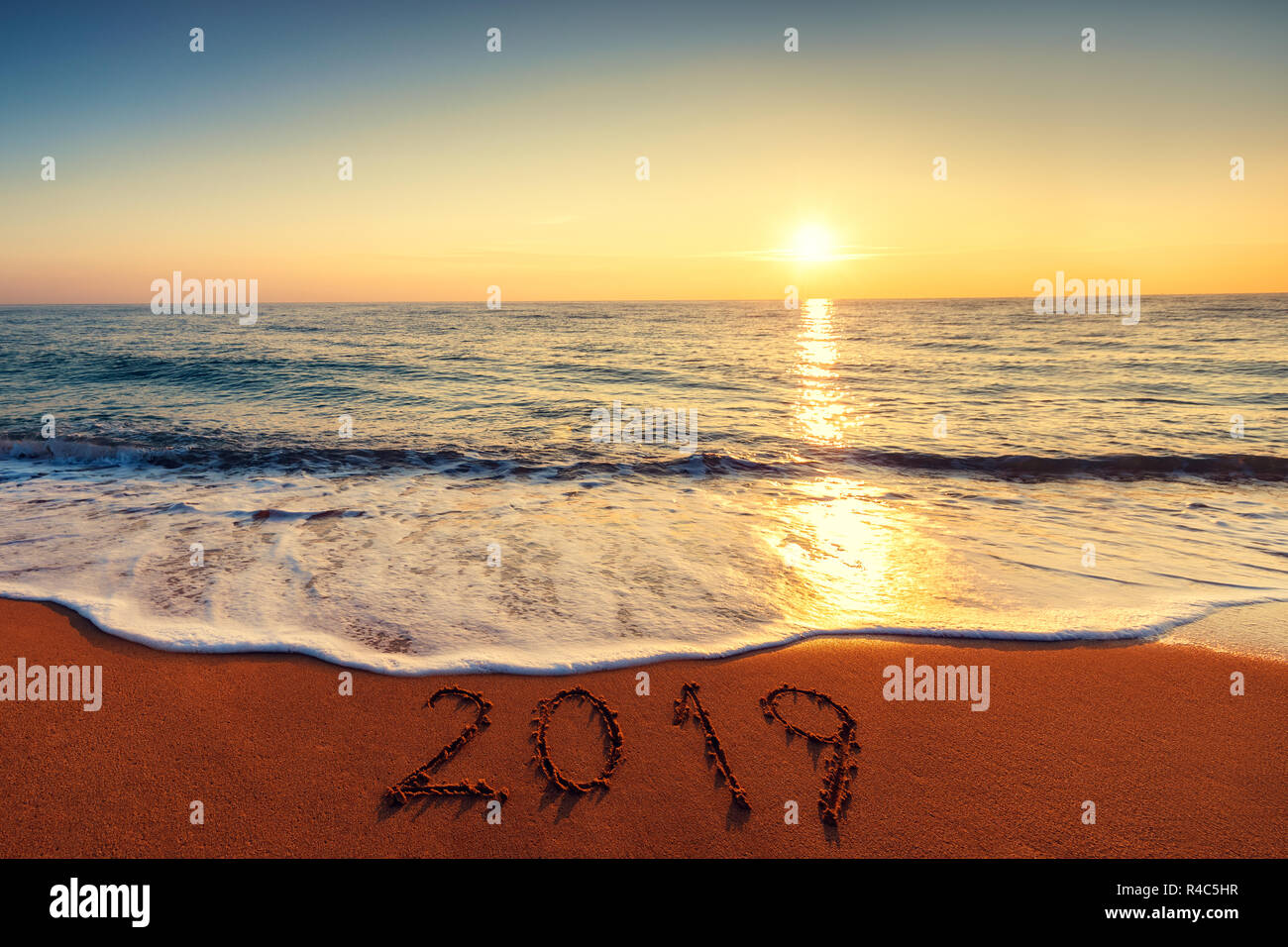 Happy New Year 2019 Concept Lettering On The Beach Sea