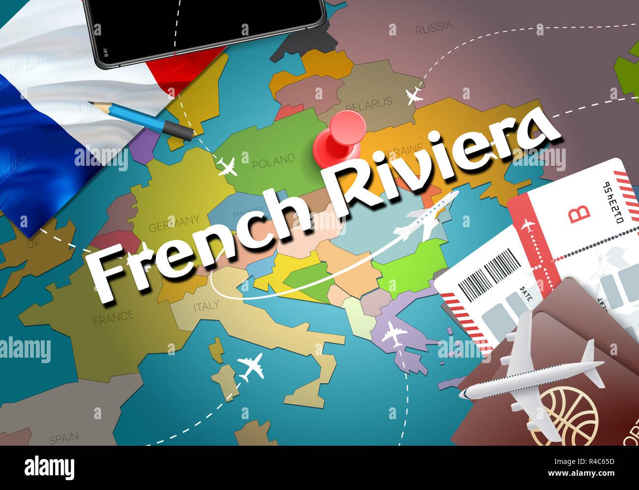 French Riviera city travel and tourism destination concept. France flag and French Riviera city on map. France travel concept map background. Tickets  Stock Photo