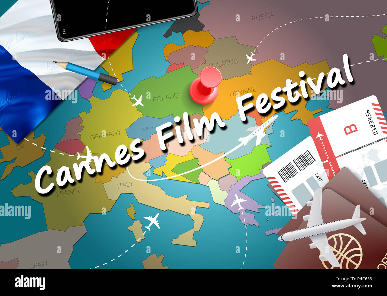 Cannes Film Festival city travel and tourism destination concept. France  flag and Cannes Film Festival city on map. France travel concept map  backgrou Stock Photo - Alamy