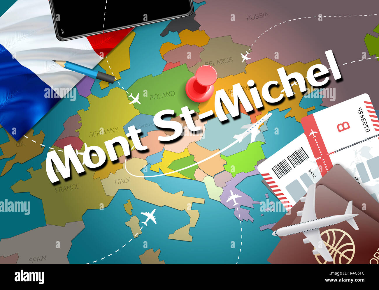 Mont StMichel city travel and tourism destination concept. France flag