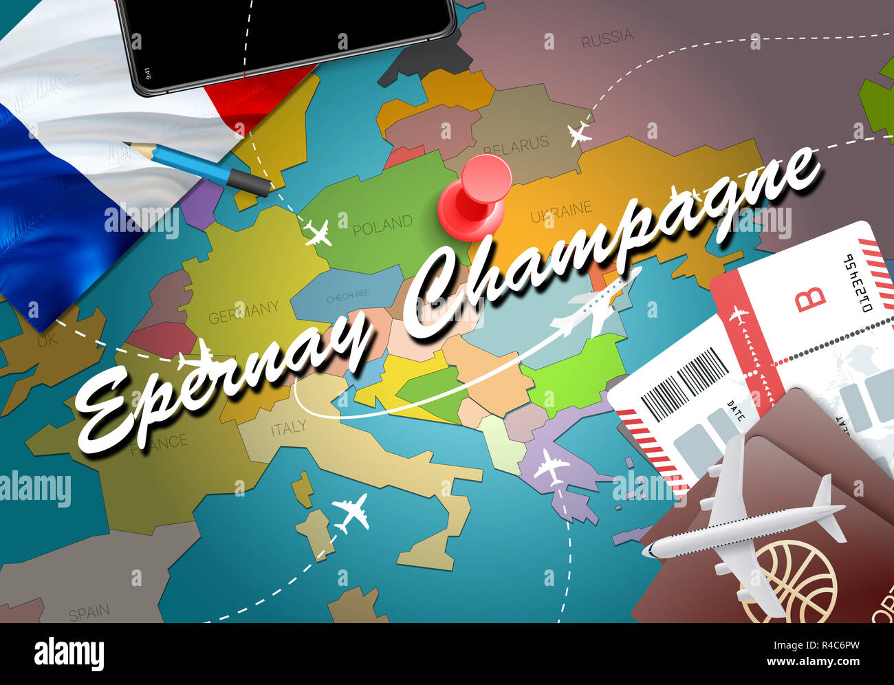 Epernay Champagne city travel and tourism destination concept. France flag and Epernay Champagne city on map. France travel concept map background. Ti Stock Photo