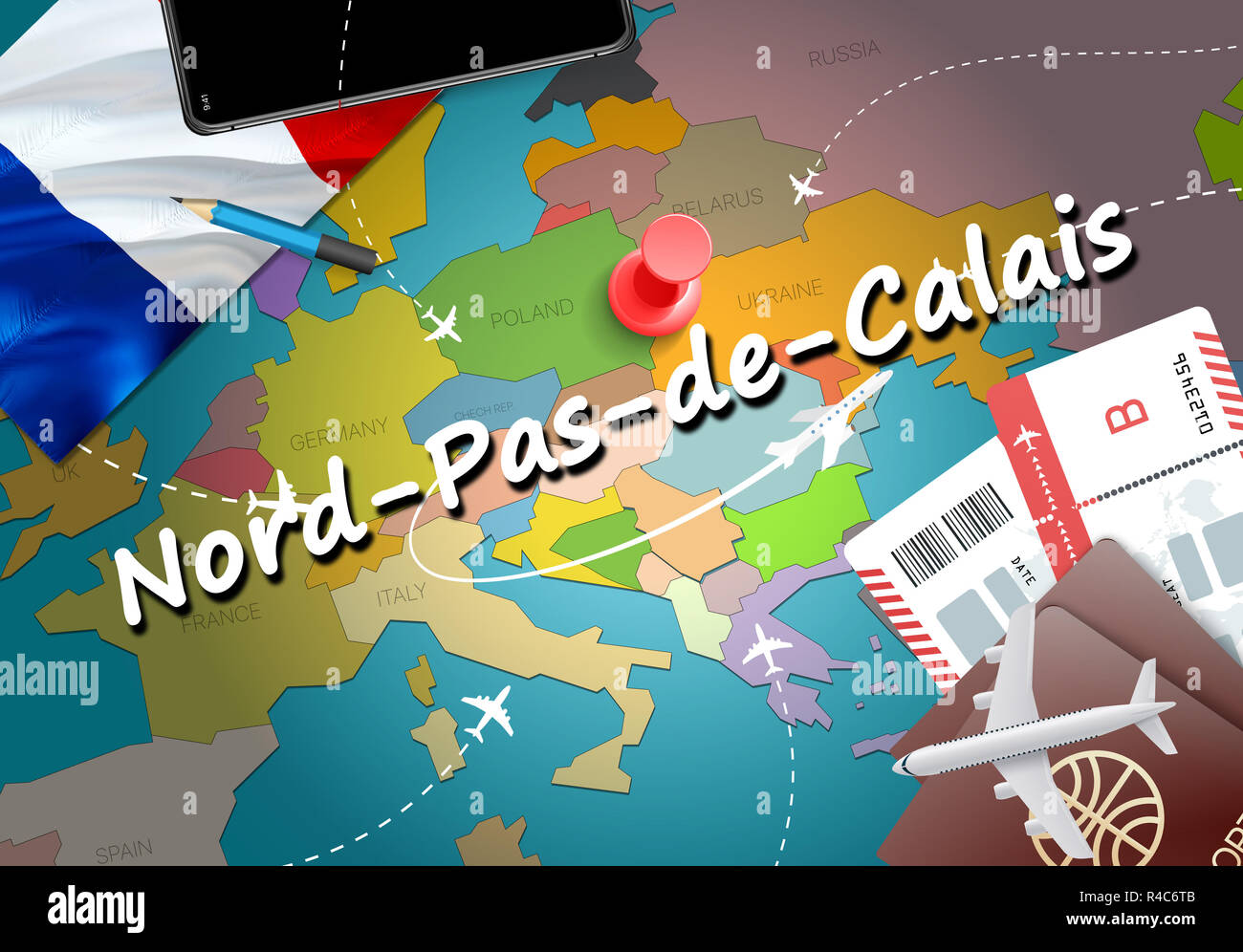 Nord-Pas-de-Calais city travel and tourism destination concept. France flag and Nord-Pas-de-Calais city on map. France travel concept map background.  Stock Photo