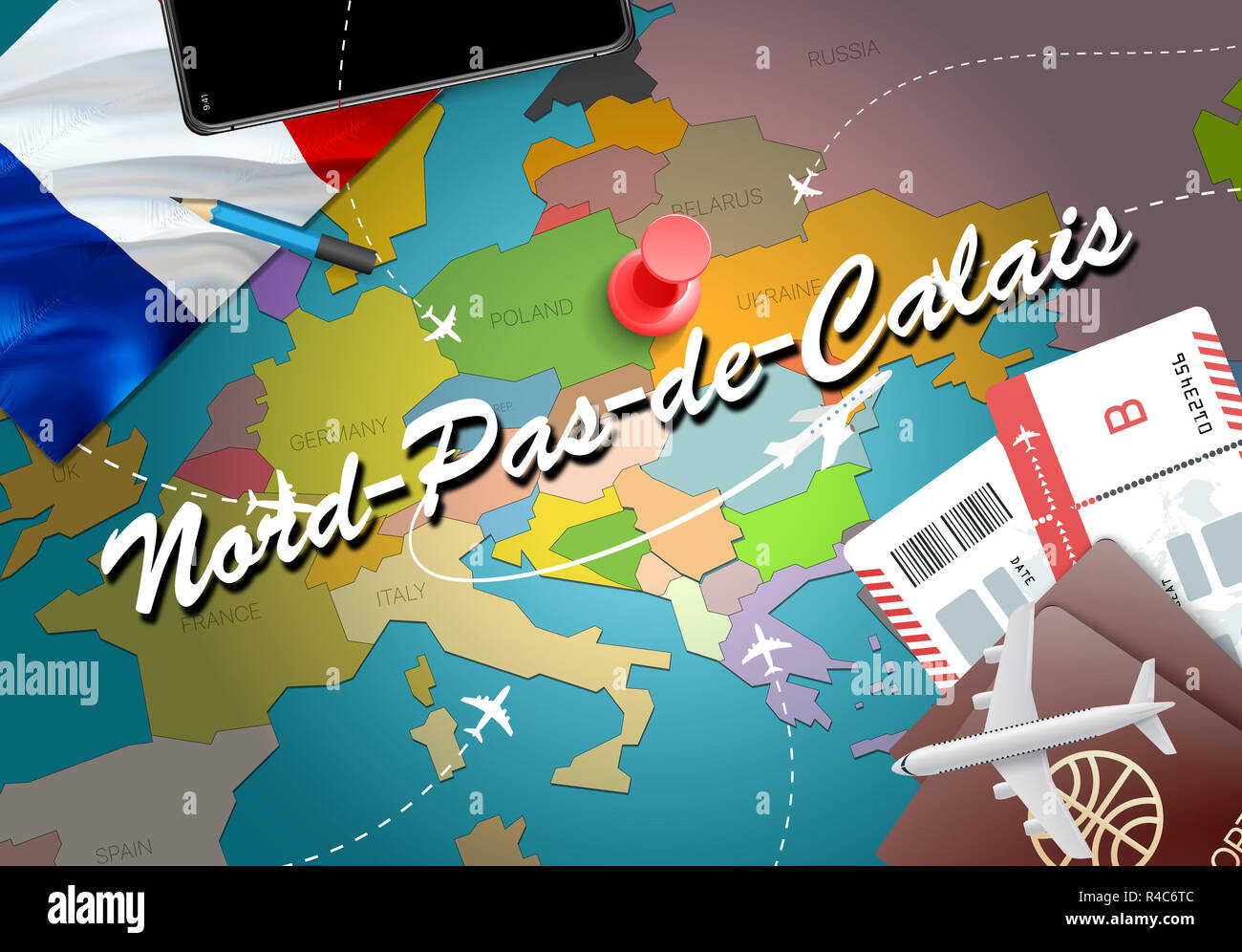 Nord-Pas-de-Calais city travel and tourism destination concept. France flag and Nord-Pas-de-Calais city on map. France travel concept map background.  Stock Photo