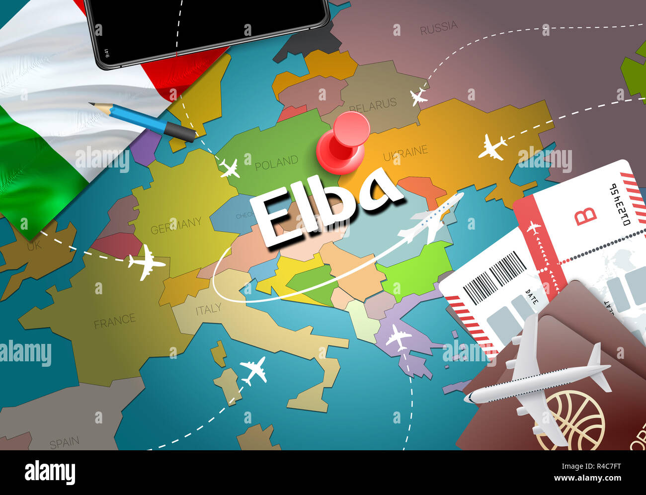 Elba city travel and tourism destination concept. Italy flag and ...