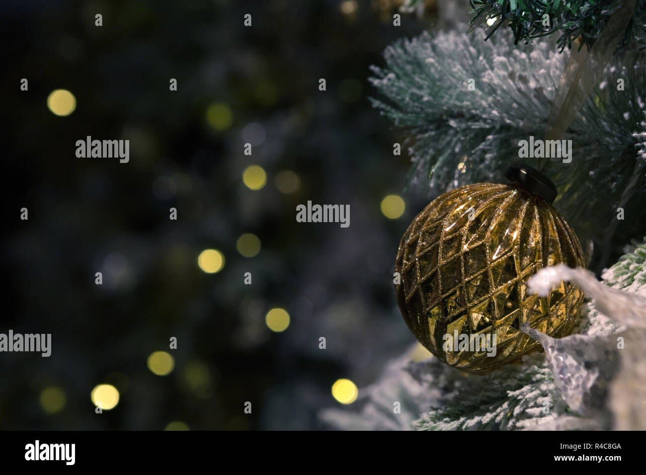 Ultra Zoomed View of Fully Decorated Winter Themed Christmas Tree Stock Photo