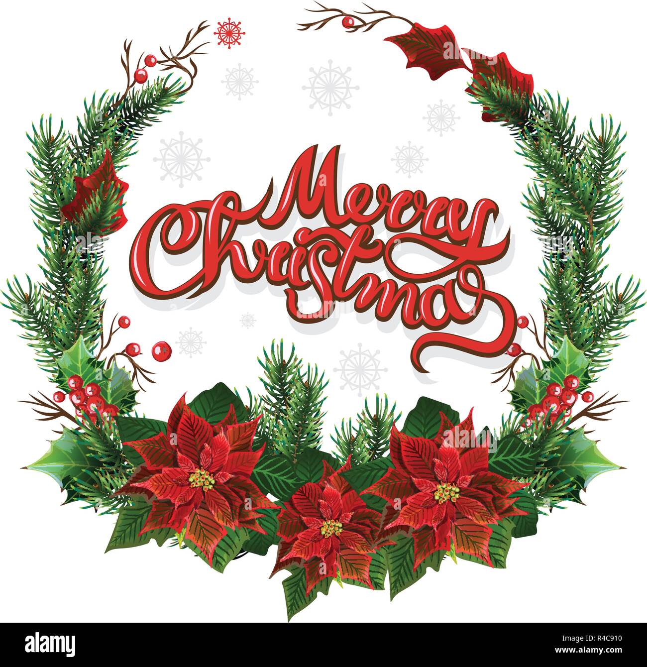 Christmas wreath of red poinsettia and leaves. vector illustration ...