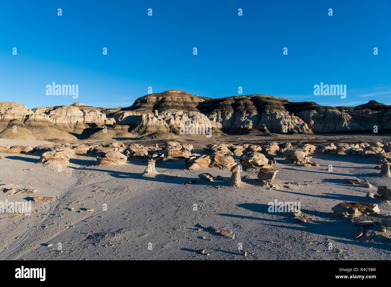 Late afternoon sunlight on the 'Cracked Eggs' rock field and rock formations in the Bisti Badlands in New Mexico Stock Photo