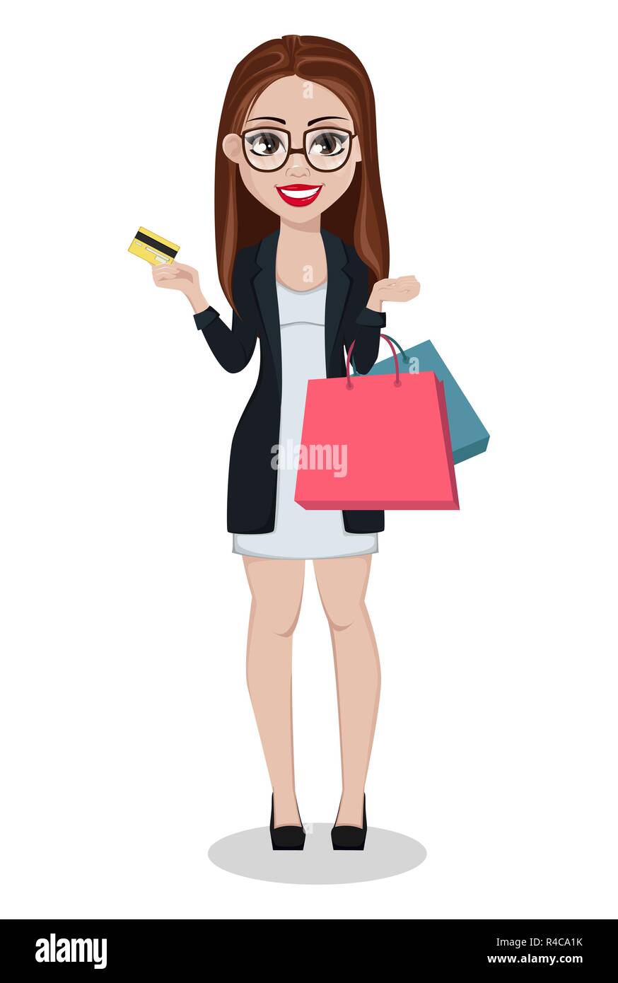 Business woman cartoon character. Beautiful lady businesswoman holds