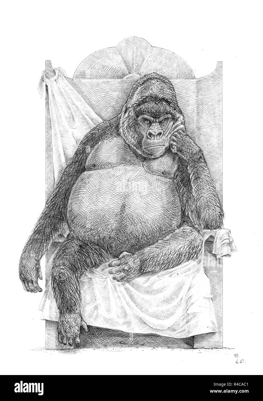 Gorilla king. Big ape drawing. Stock Photo