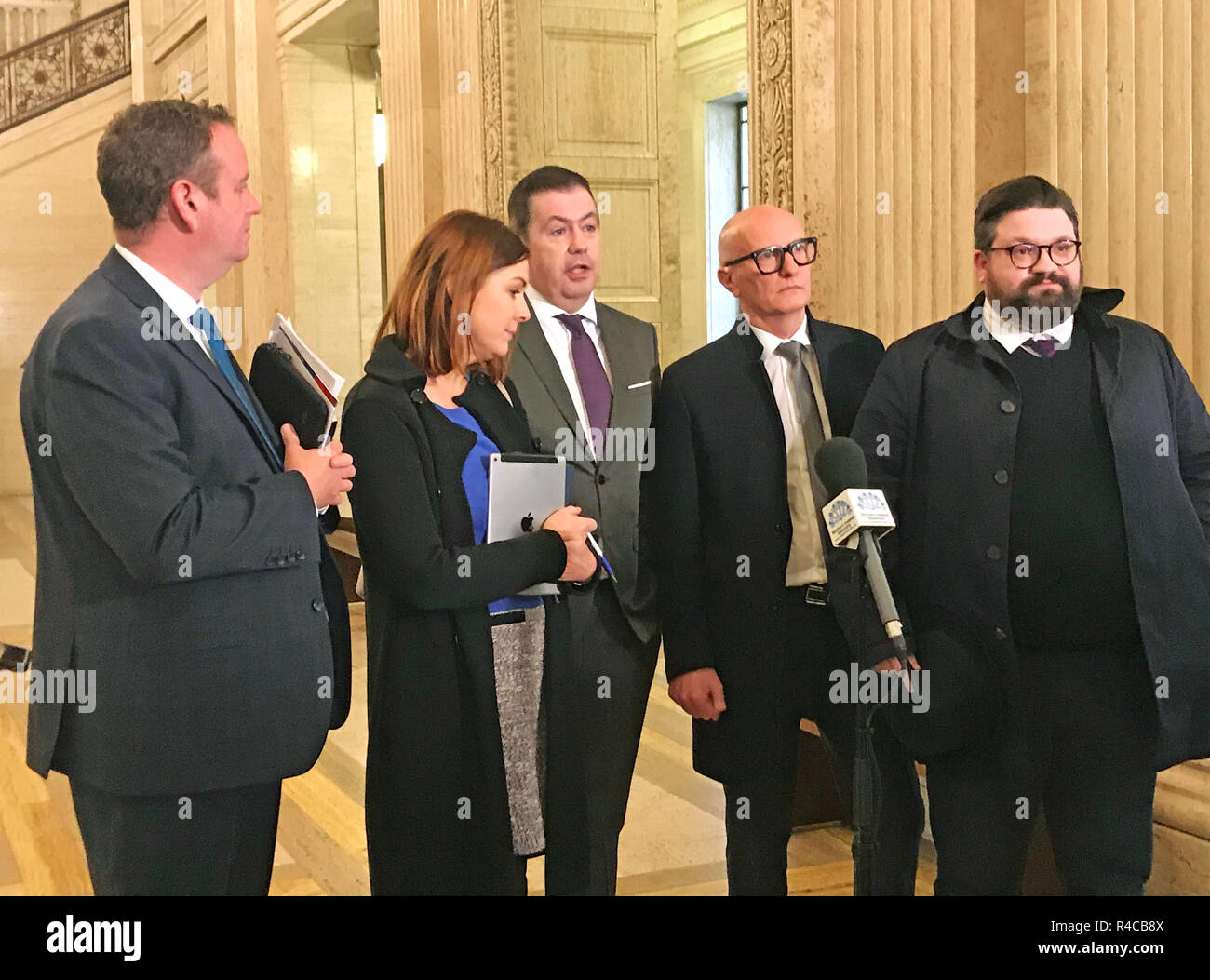 (left to right) Stephen Kelly Manufacturing NI, Angela Magowan CBI NI, Glyn Roberts Retail NI, Colin Neill Hospitality NI, Aodhan Connolly NIRC director at Stormont, Belfast. Stock Photo