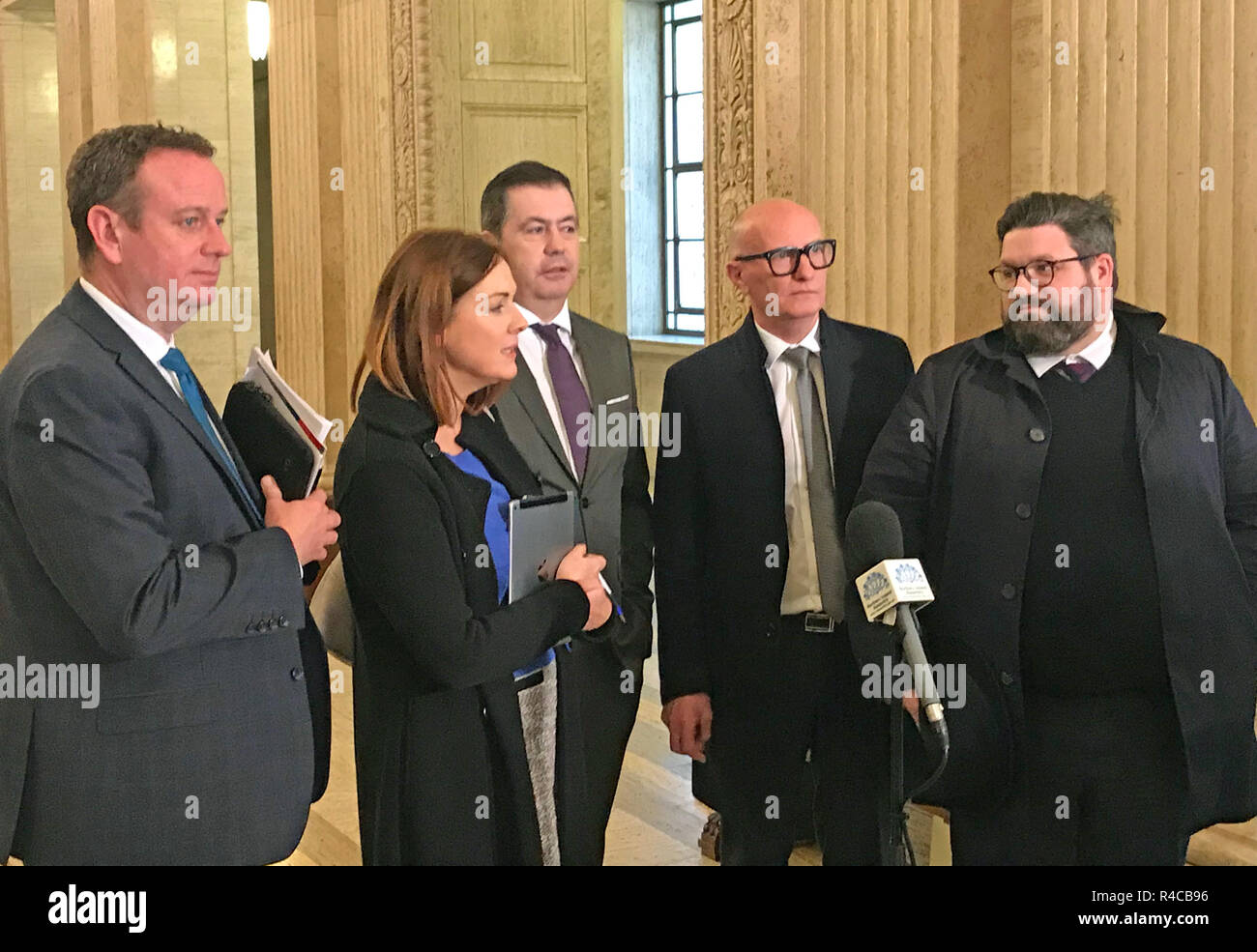 (left to right) Stephen Kelly Manufacturing NI, Angela Magowan CBI NI, Glyn Roberts Retail NI, Colin Neill Hospitality NI, Aodhan Connolly NIRC director at Stormont, Belfast. Stock Photo