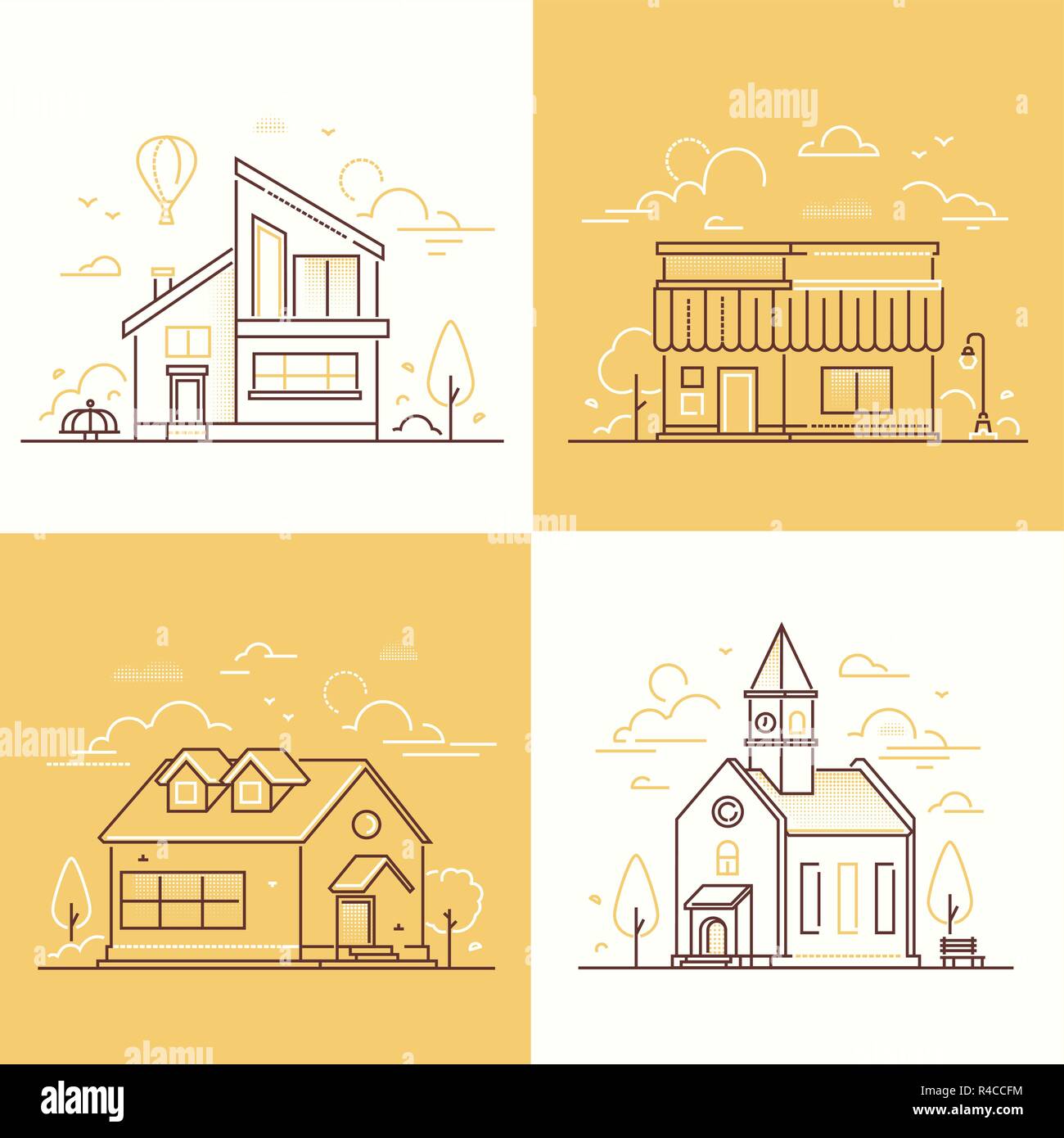 Town architecture - set of thin line design style vector illustrations ...