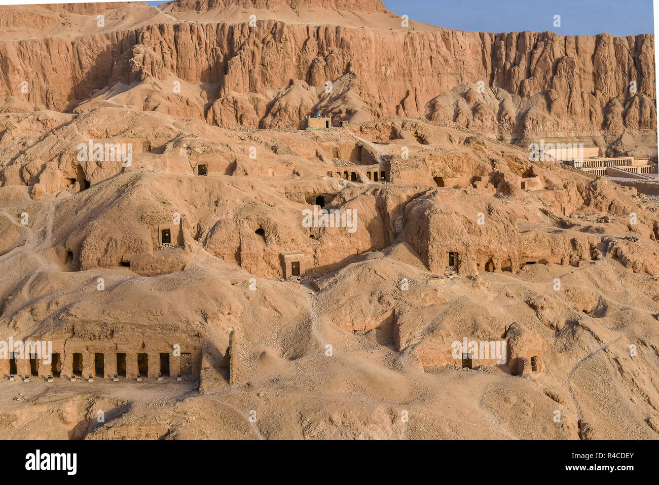 View from a hot air ballon, the Deir al-Bahari complex and  tombs in the queens valley, Stock Photo