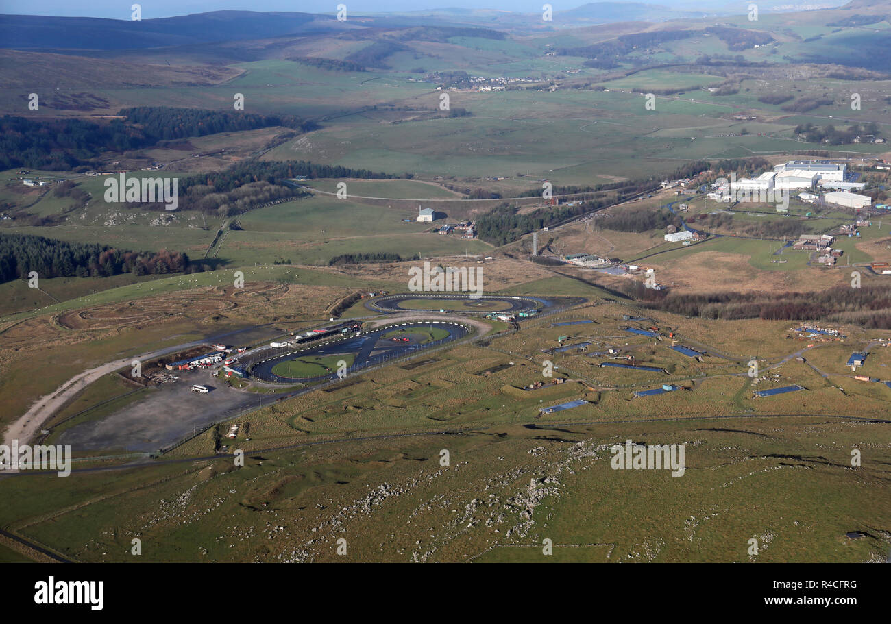aerial view of the Buxton Raceway & Hitman Speedway tracks and also Health & Safety Laboratory and testing site near Buxton, Derbyshire, UK Stock Photo