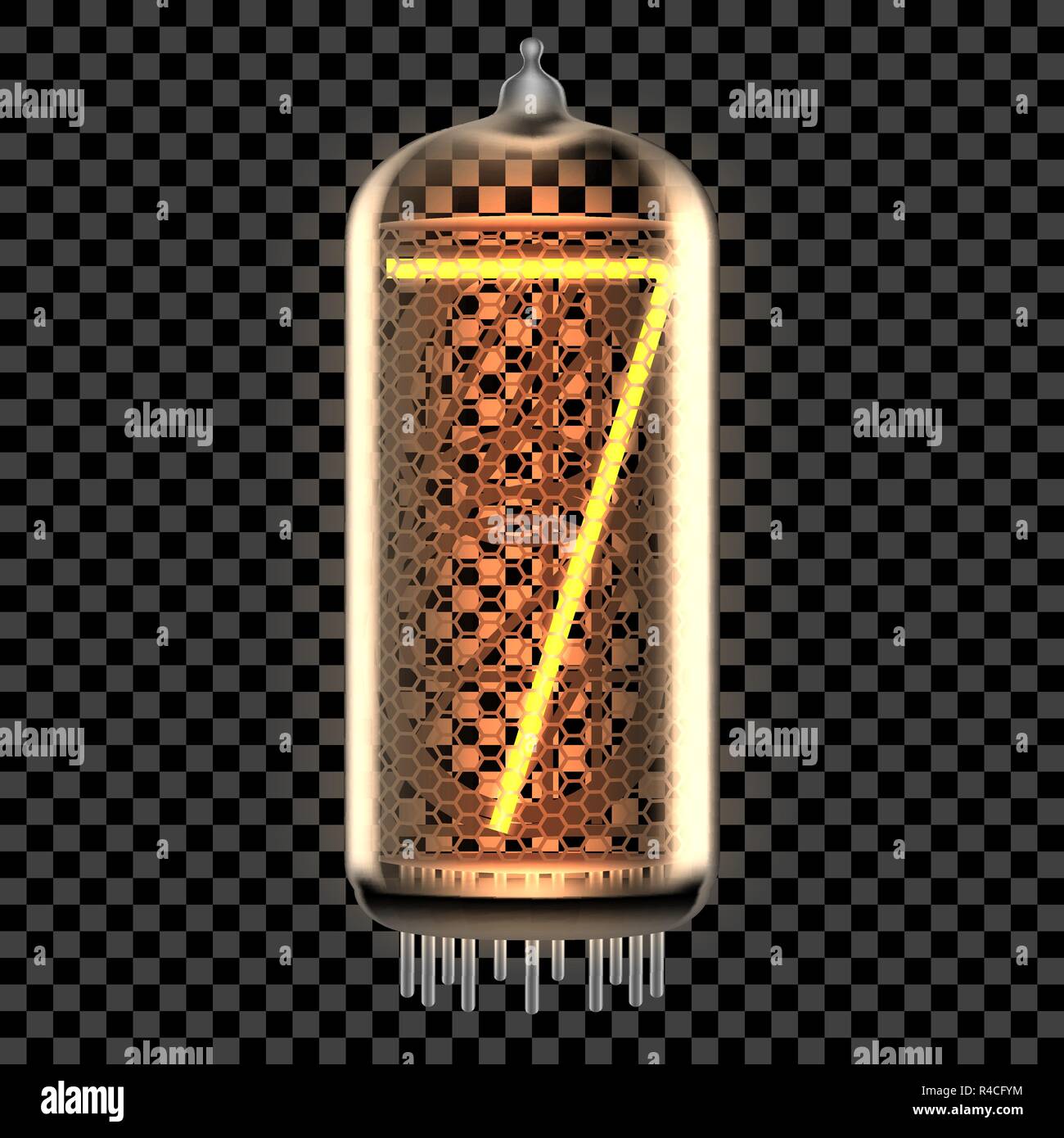 Nixie tube indicator lamp with number 7 lit up, as retro-styled digitron. Transparent vector illustration. Stock Vector