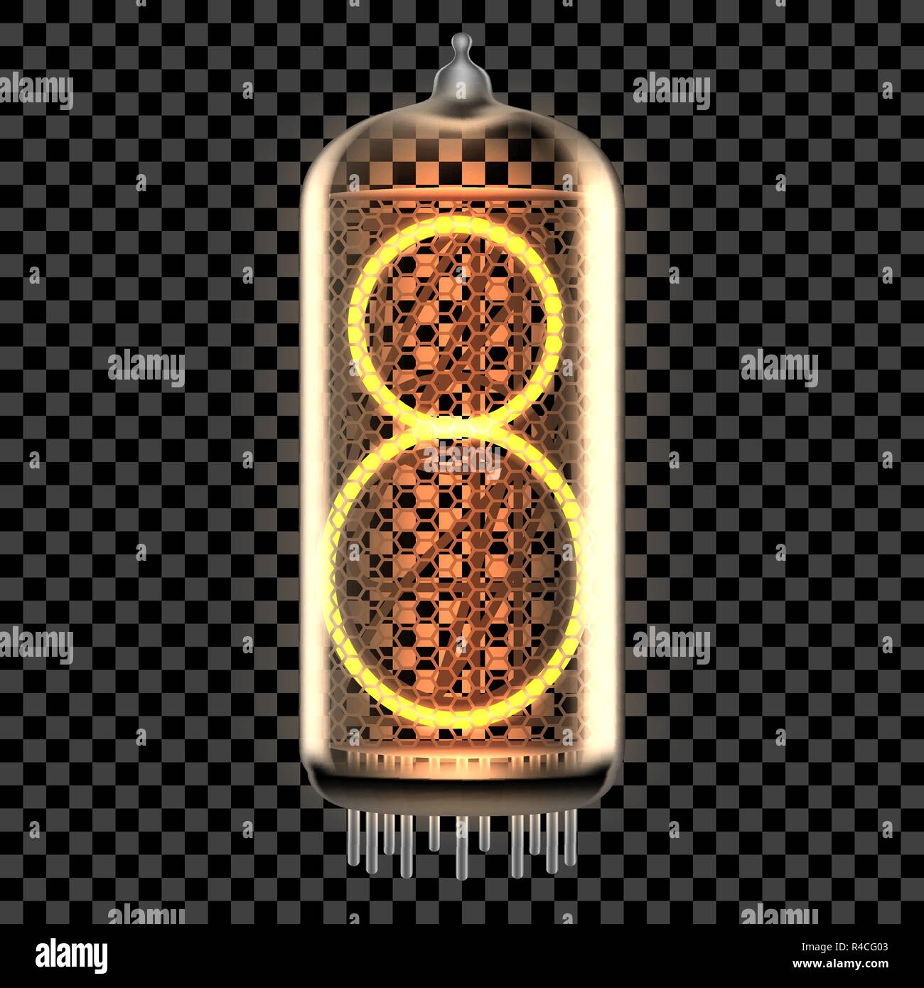 Nixie tube indicator lamp with number 8 lit up, as retro-styled digitron. Transparent vector illustration. Stock Vector