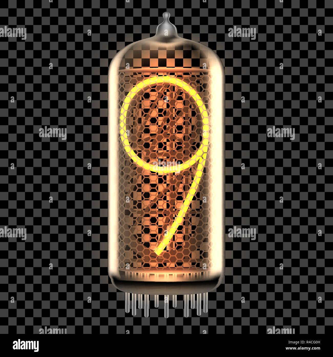 Nixie tube indicator lamp with number 9 lit up, as retro-styled digitron. Transparent vector illustration. Stock Vector