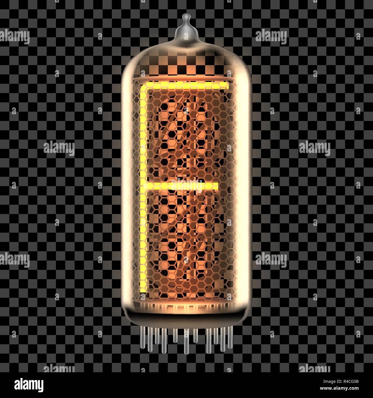 Nixie tube indicator lamp with letter F lit up, as retro-styled digitron alphabet. Transparent vector illustration. Stock Vector