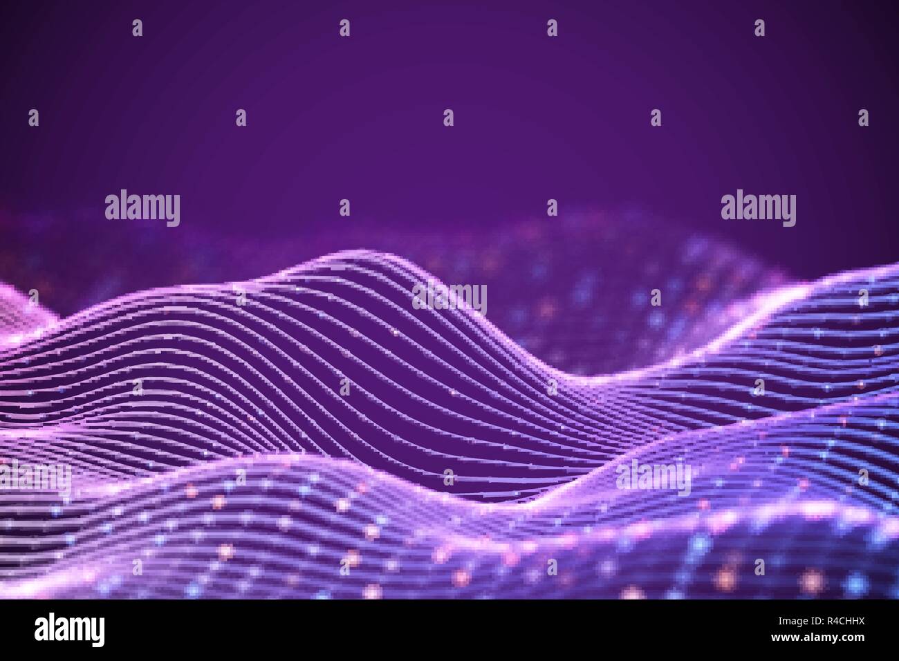 3D Sound waves with colored dots. Big data abstract visualization. Stock Vector