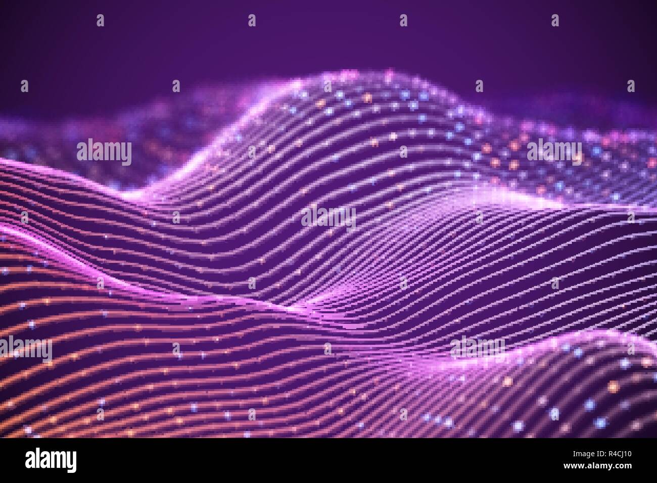 3D Sound waves with colored dots. Big data abstract visualization. Stock Vector