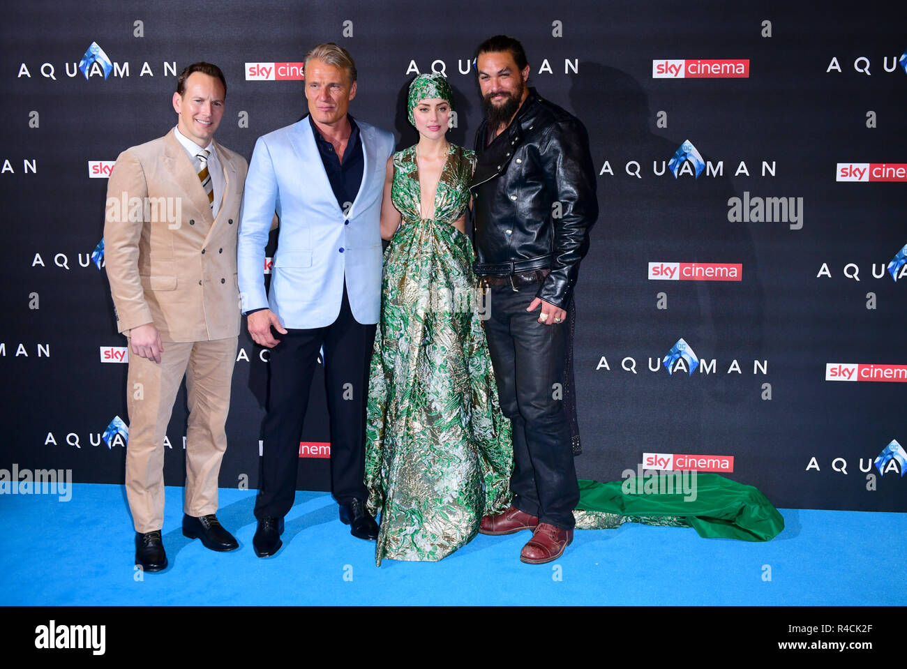 Left To Right Patrick Wilson Dolph Lungren Amber Heard And Jason Momoa Attending The Aquaman Premiere Held At Cineworld In Leicester Square London Stock Photo Alamy