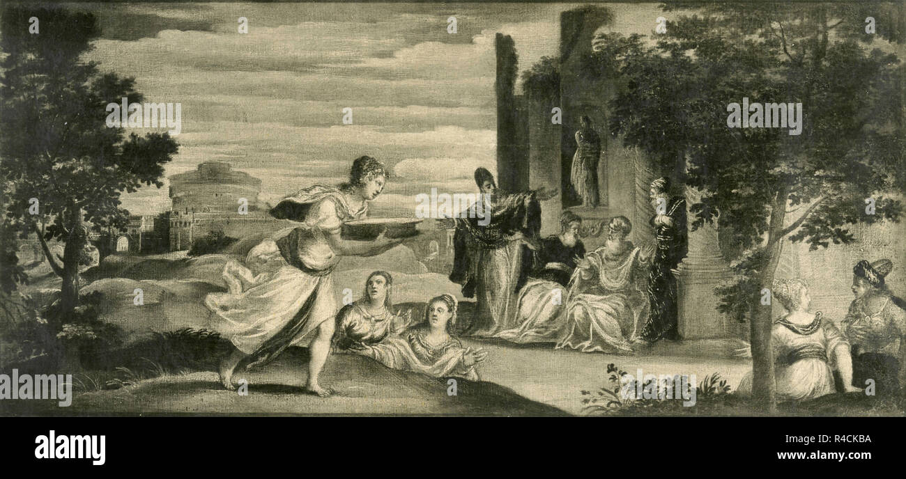 Salome going to receive the Head of St. John the Baptist, painting by Andrea Meldola AKA Schiavone, 1930s Stock Photo
