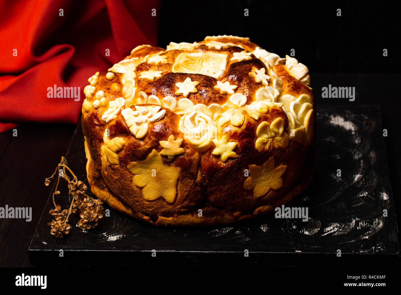 Serbian slava bread baked and decorated in traditional style Stock