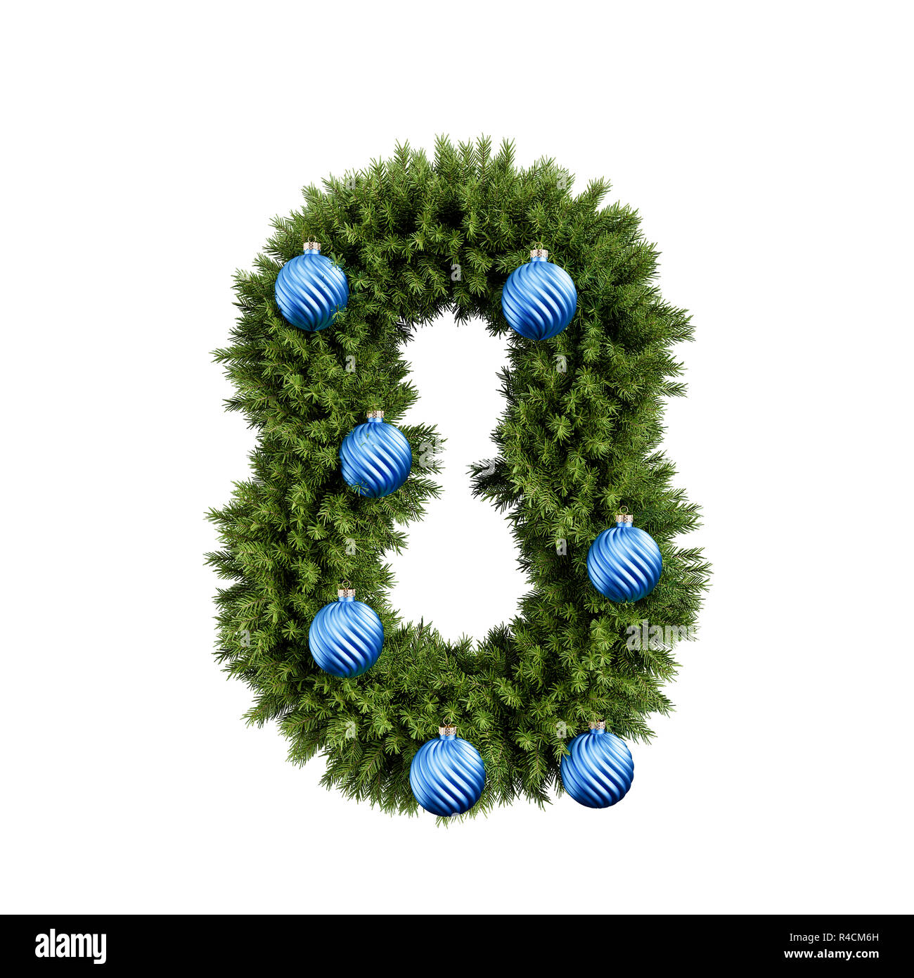 Christmas alphabet ABC digit number 8 eight font with Christmas ball. Christmas tree branches digits decoration type with Christmas sphere. Highly rea Stock Photo