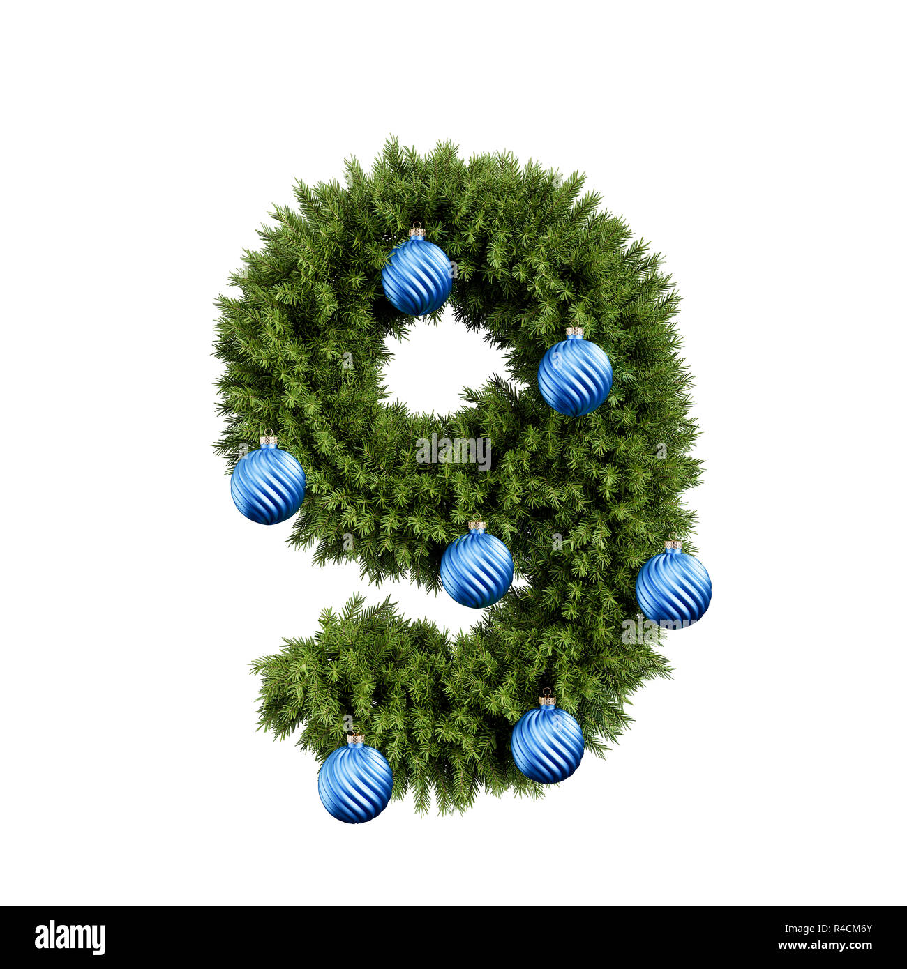 Christmas alphabet ABC digit number 9 nine font with Christmas ball. Christmas tree branches digits decoration type with Christmas sphere. Highly real Stock Photo