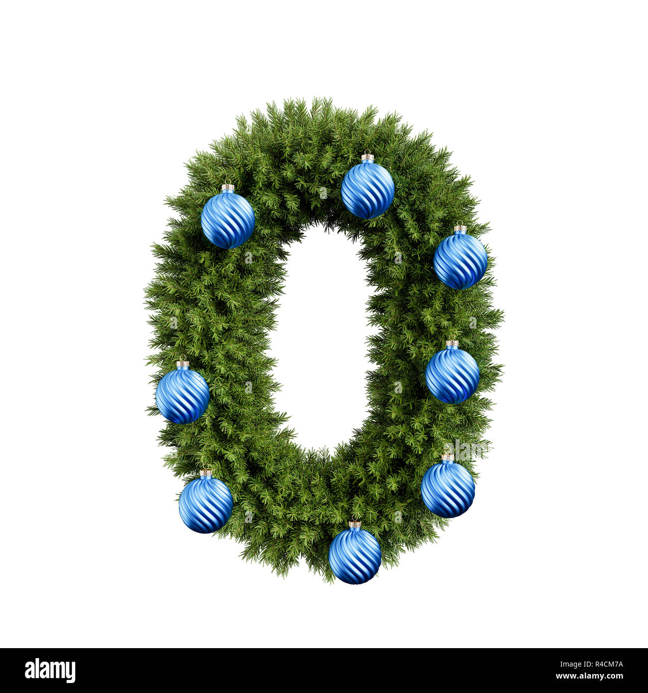 Christmas alphabet ABC digit number 0 zero null font with Christmas ball. Christmas tree branches digits decoration type with Christmas sphere. Highly Stock Photo