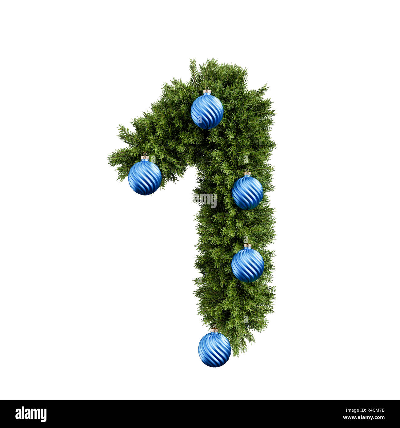 Christmas alphabet ABC digit number 1 one font with Christmas ball. Christmas tree branches digits decoration type with Christmas sphere. Highly reali Stock Photo