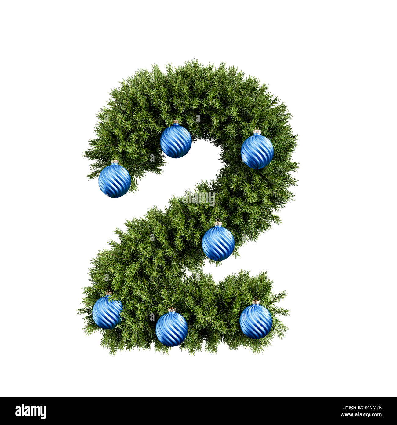 Christmas alphabet ABC digit number 2 two font with Christmas ball. Christmas tree branches digits decoration type with Christmas sphere. Highly reali Stock Photo