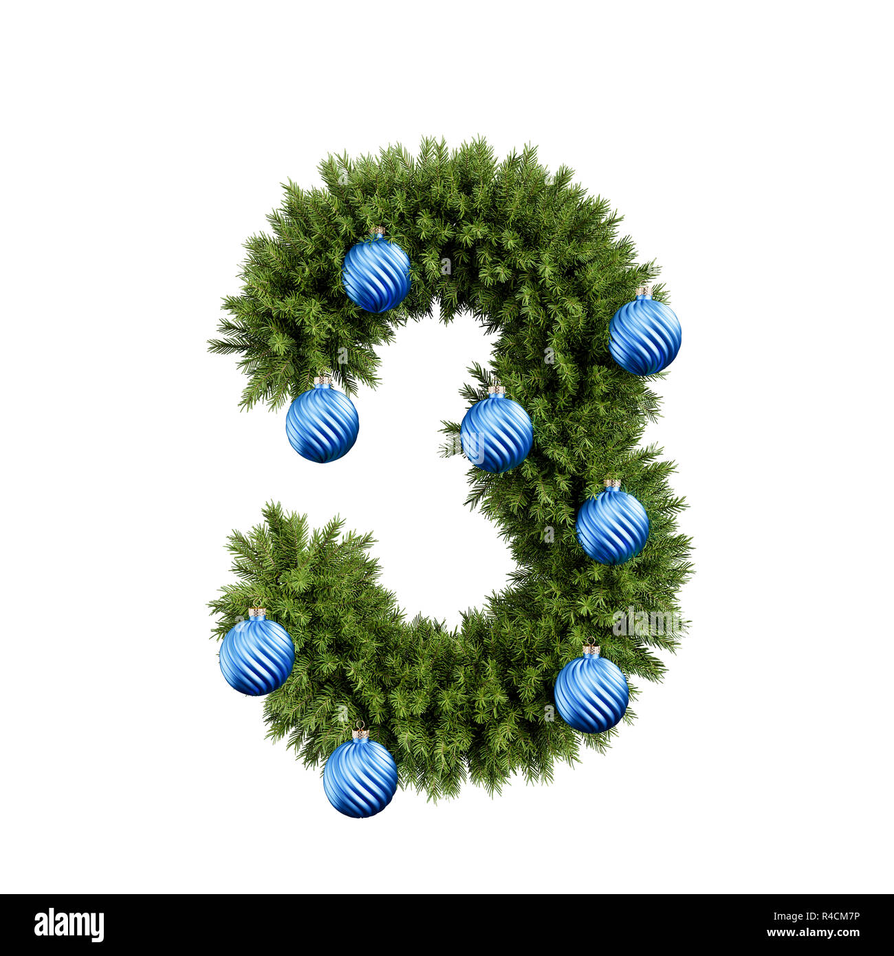 Christmas alphabet ABC digit number 3 three font with Christmas ball. Christmas tree branches digits decoration type with Christmas sphere. Highly rea Stock Photo