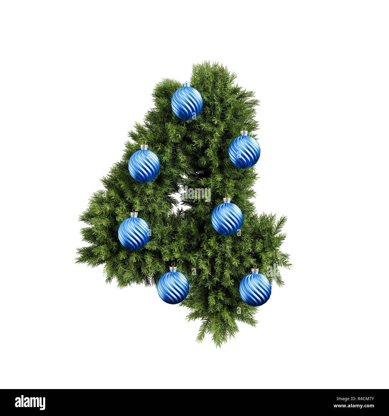 Christmas alphabet ABC digit number 4 four font with Christmas ball. Christmas tree branches digits decoration type with Christmas sphere. Highly real Stock Photo