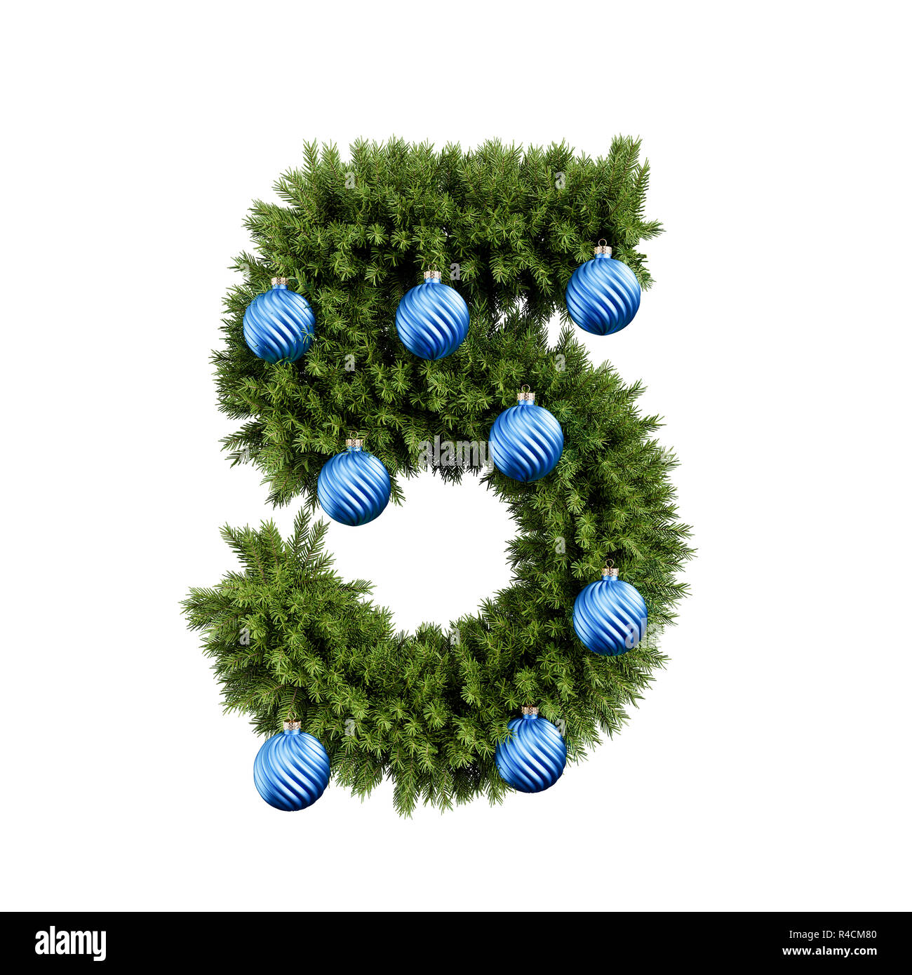 Christmas alphabet ABC digit number 5 five font with Christmas ball. Christmas tree branches digits decoration type with Christmas sphere. Highly real Stock Photo