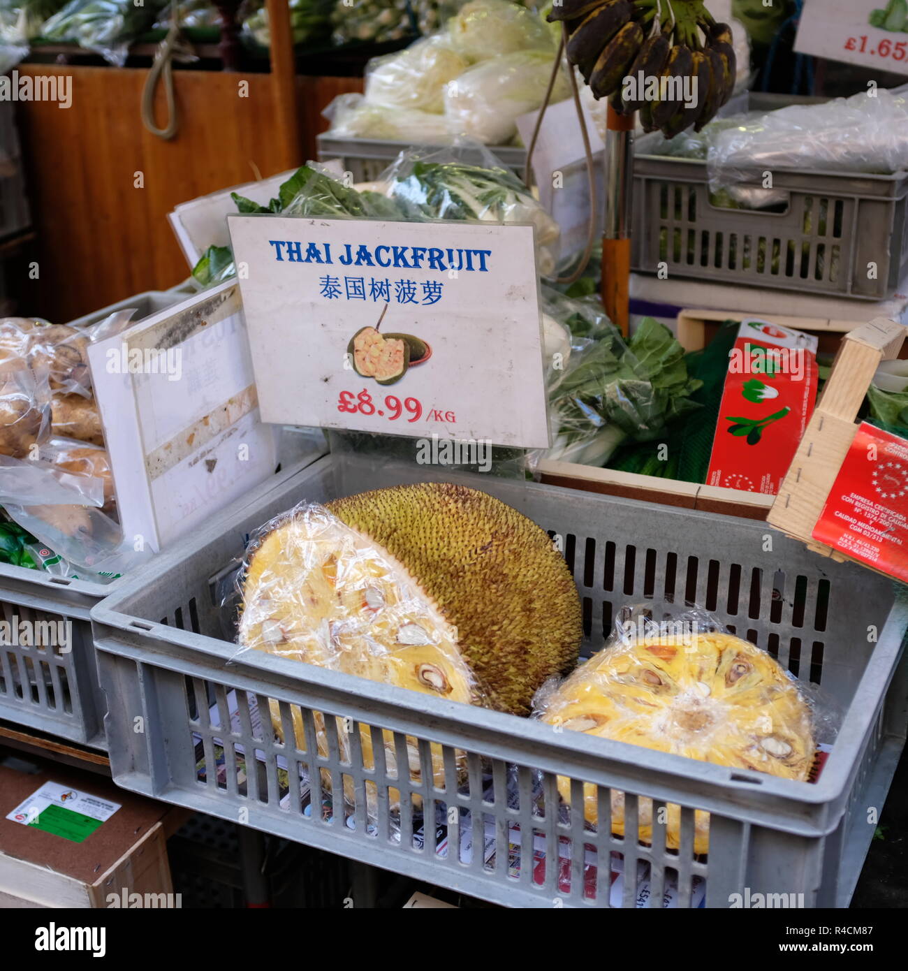 Thai Jackfruit for sale in Chinatown, Soho, London, England, UK Stock