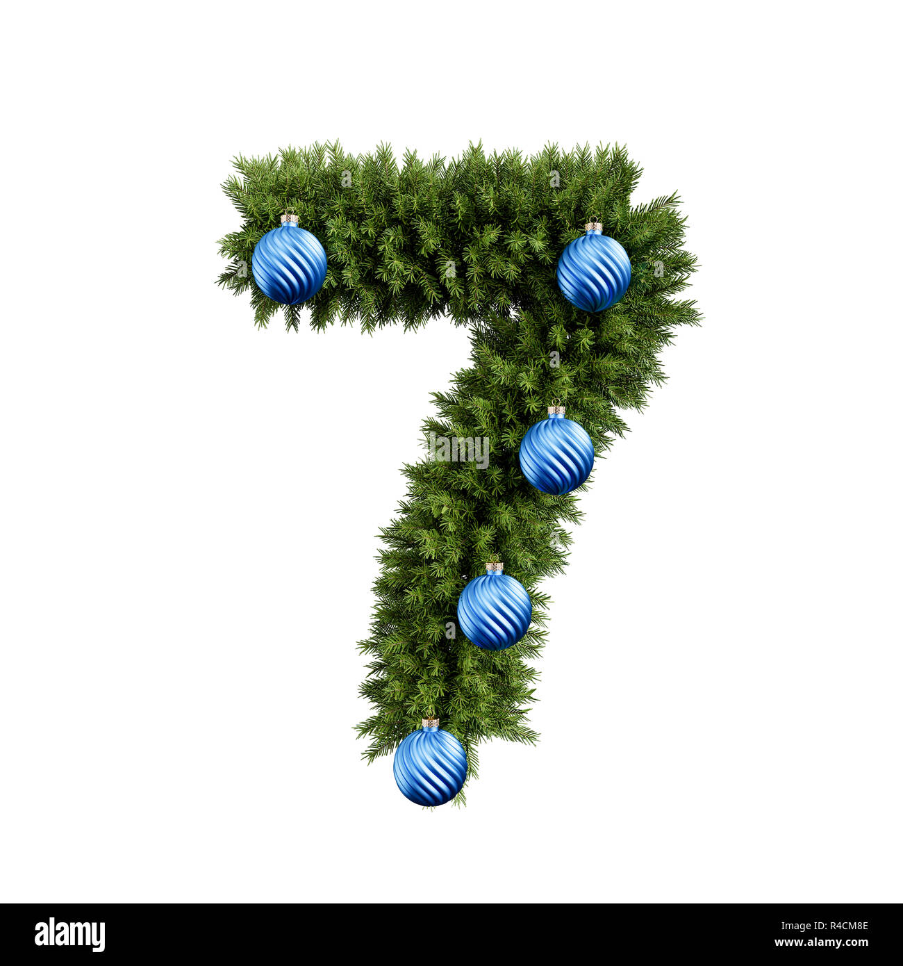 Christmas alphabet ABC digit number 7 seven font with Christmas ball. Christmas tree branches digits decoration type with Christmas sphere. Highly rea Stock Photo