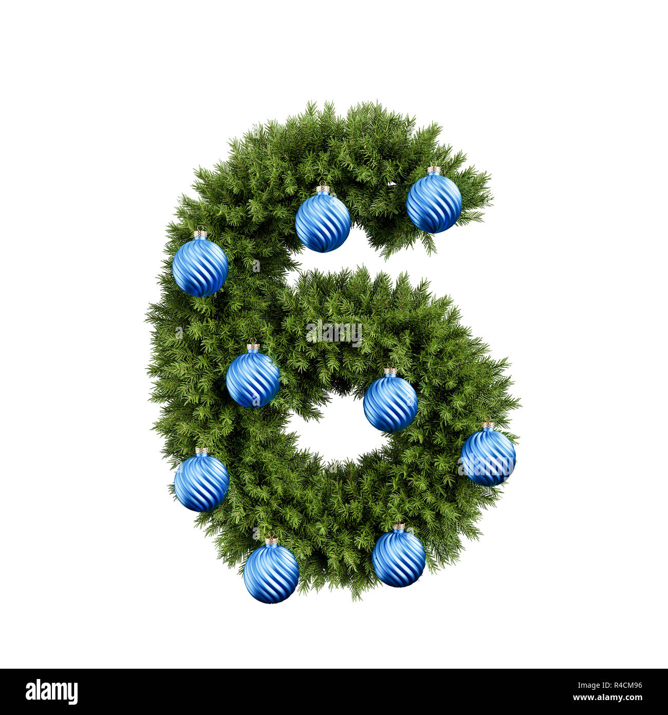 Christmas alphabet ABC digit number 6 six font with Christmas ball. Christmas tree branches digits decoration type with Christmas sphere. Highly reali Stock Photo