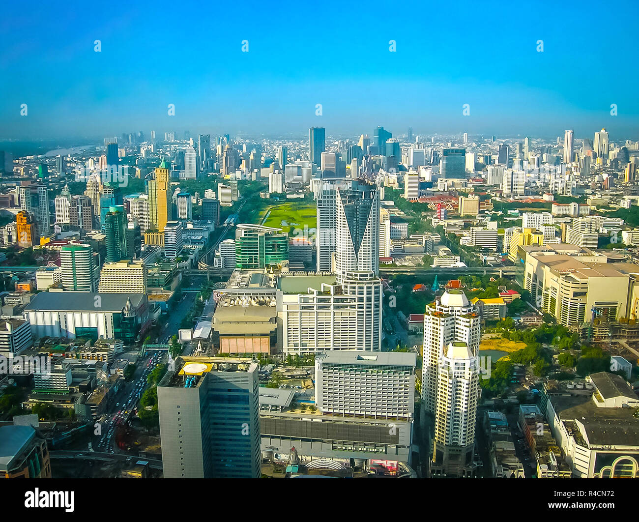 The arial panorama of Bangkok city near Petchburi Road at Thailand Stock Photo