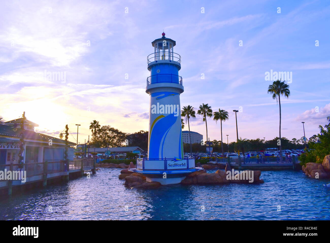Orlando, Florida. November 19, 2018. Seaworld lighthouse on sunset background in International Drive area. Stock Photo