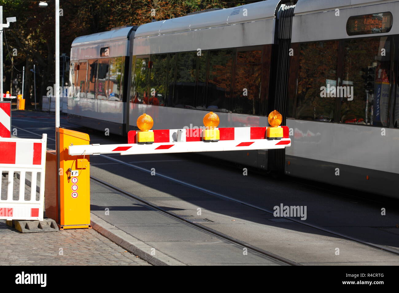 Traffic sign barrier for trams on a construction site, construction site barrier, Bremen, Germany, Europe  I Verkehrszeichen Schranke für Straßenbahne Stock Photo