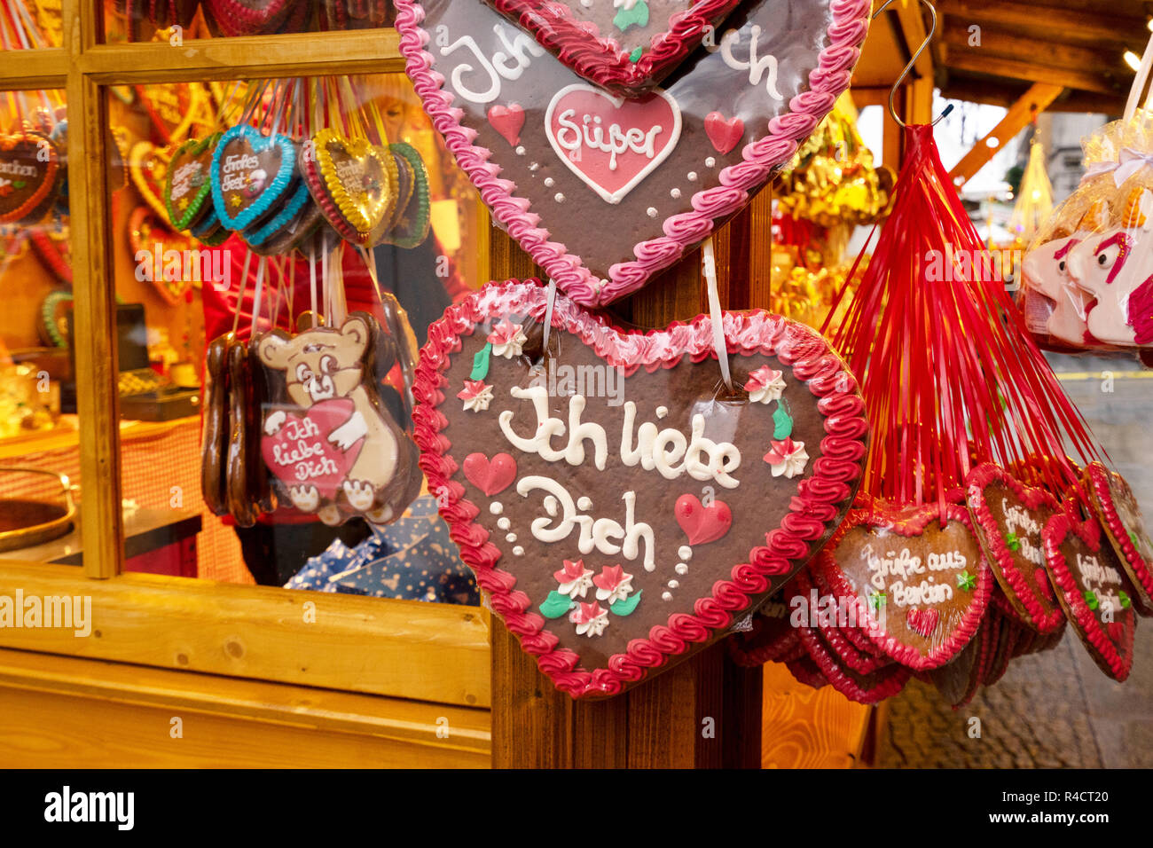 Gingerbread traditional christmas cookies and candies close up at German Christmas Market stand