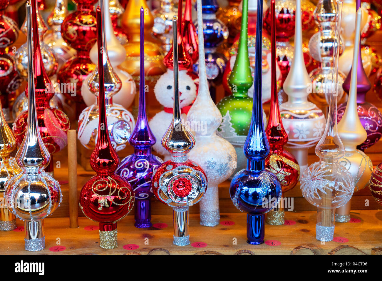 Christmas market kiosk details with shiny christmas tree decorations