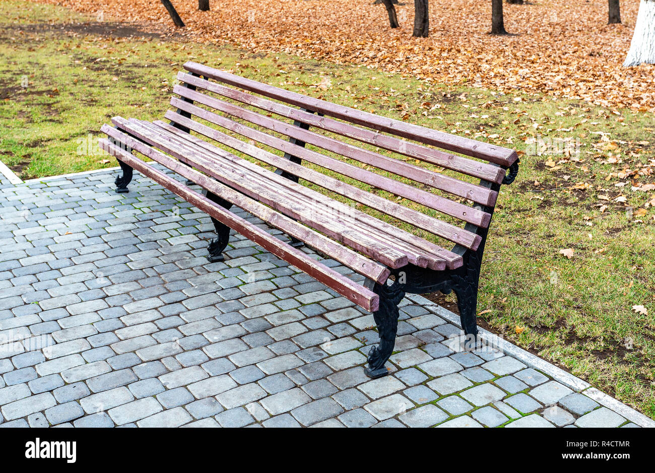 Lonely wooden bench in the autumn park Stock Photo