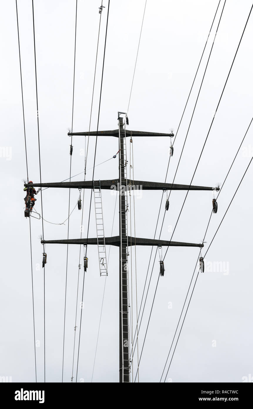 Working professional men on high voltage power lines high up on lattice