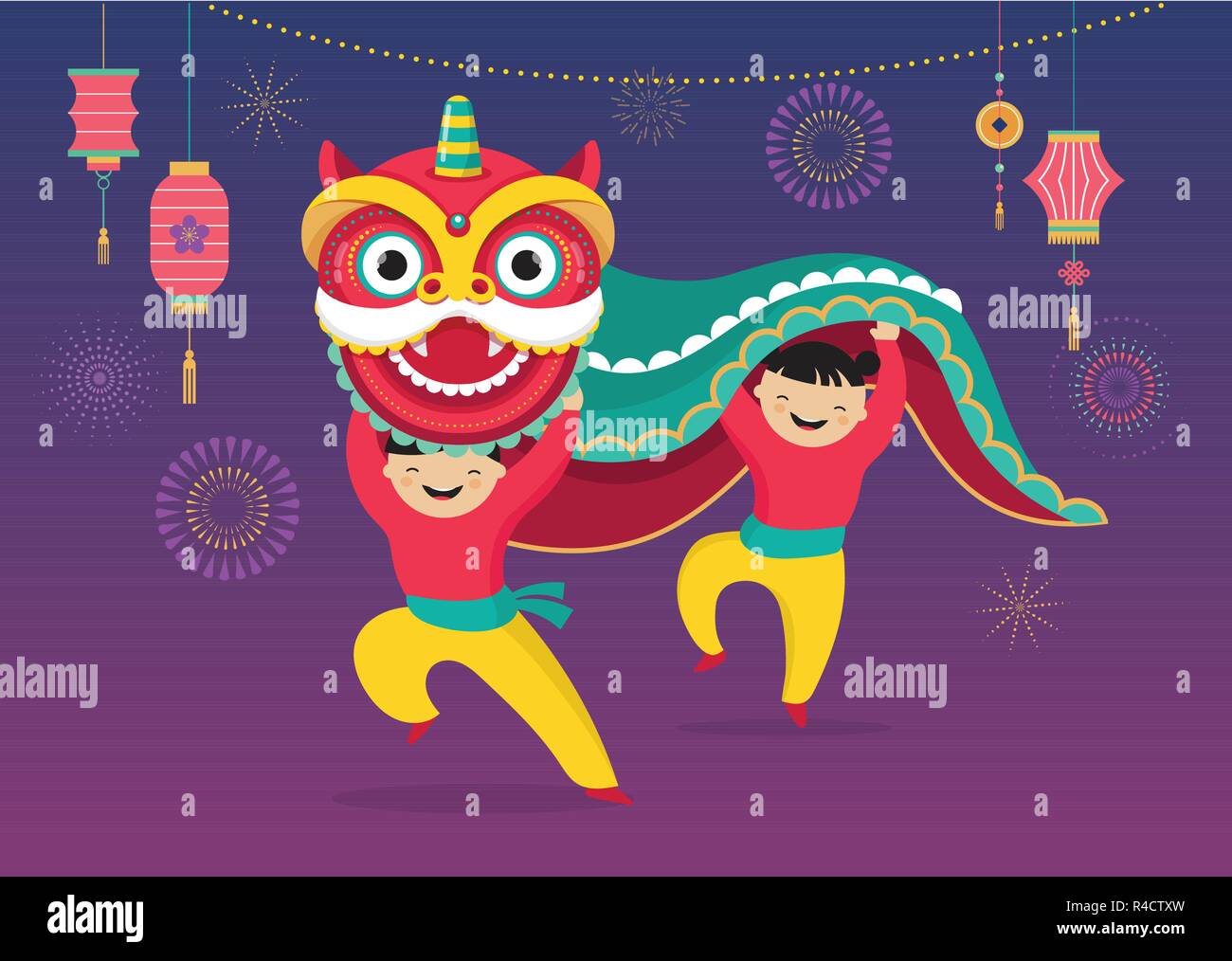 Chinese New Year background, greeting card with a lion dance, red dragon character Stock Vector